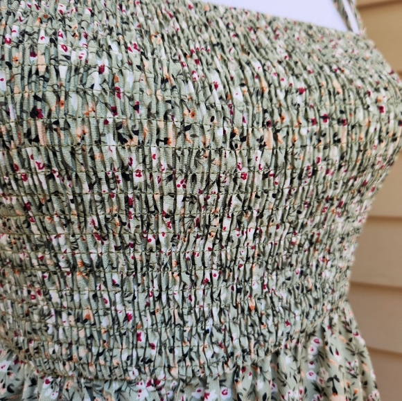 SHEIN Green Ditsy Floral Print Mini Dress Tie Spaghetti Straps Smocked - Picture 5 of 11